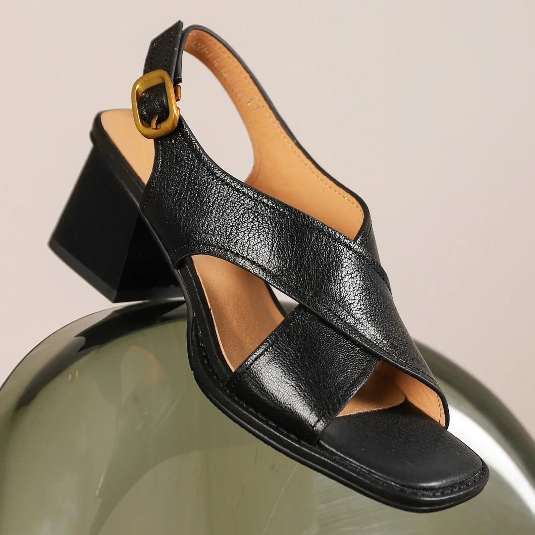 

Women's genuine leather cross strap 6cm thick high heel open toe slingback sandals 2024 summer new heeled dress shoes pumps sale