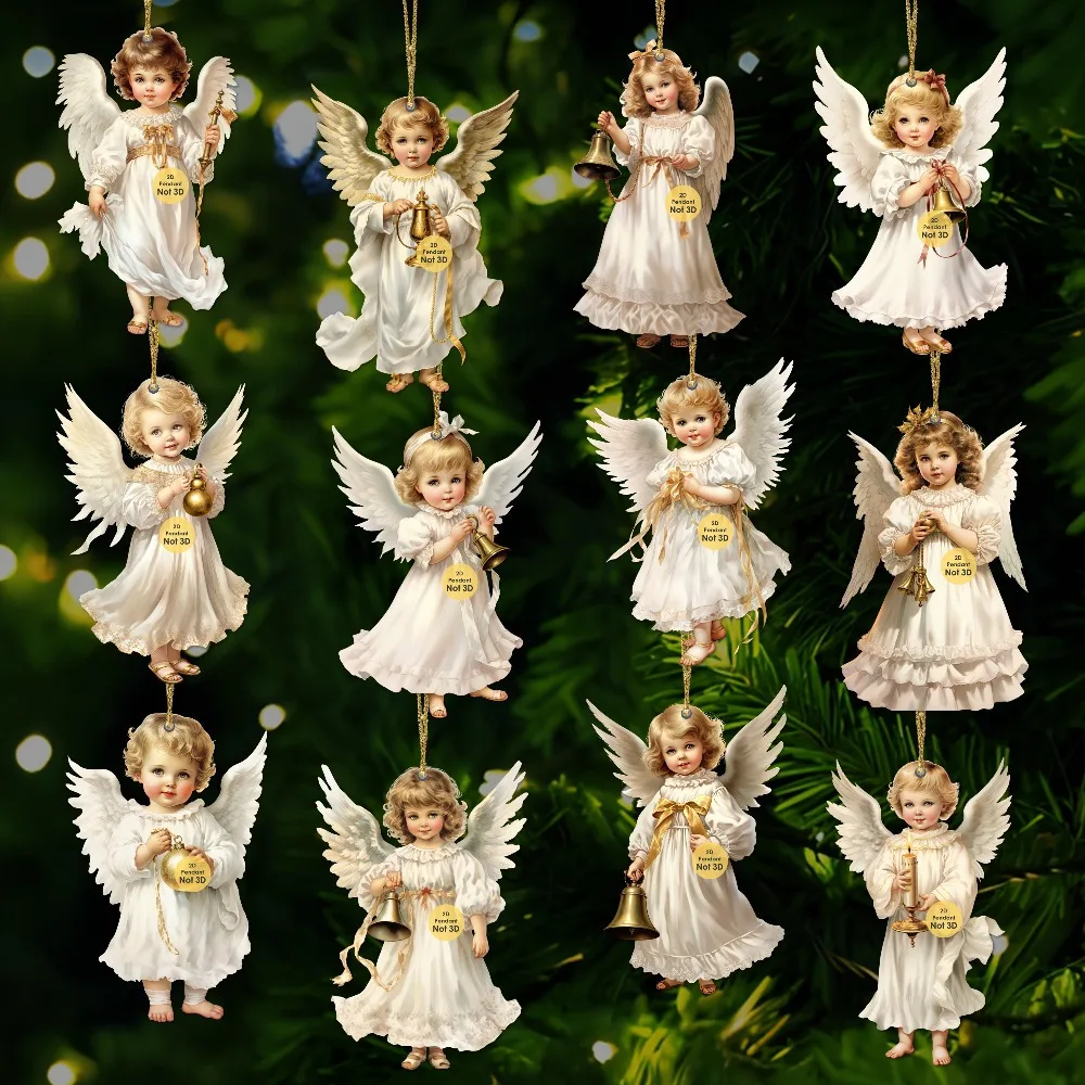 36/12pcs Christmas Vintage Wooden White Angel Pendant Merry Christmas New Year Pendant Gift Christmas Tree Decor Supplies