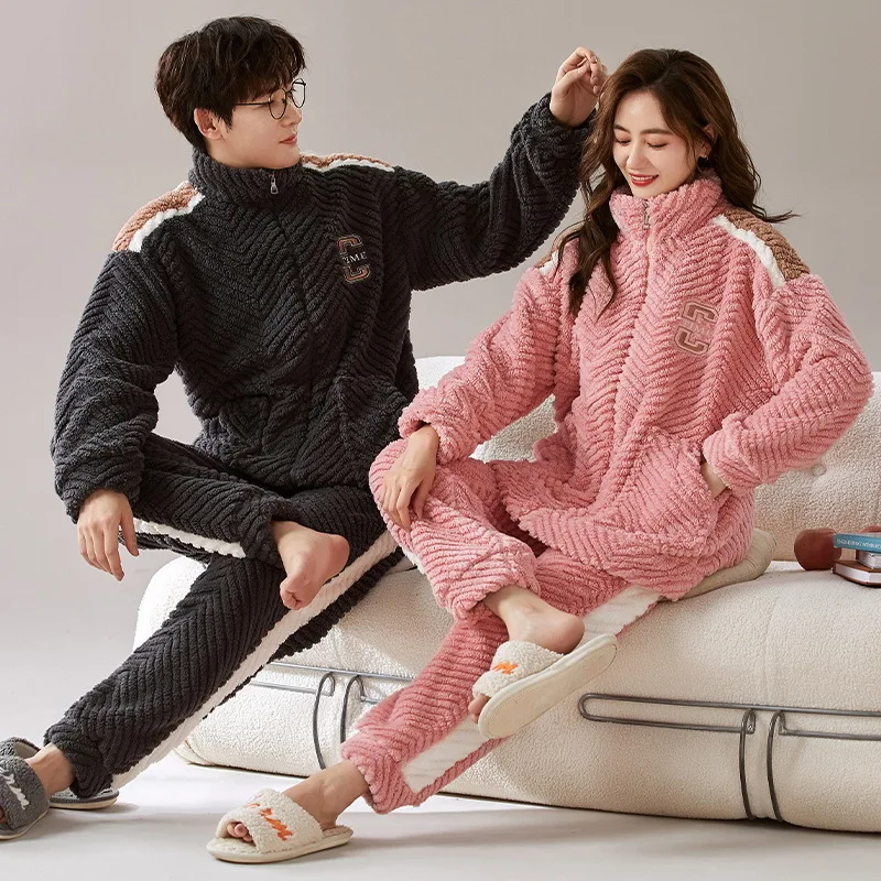 Zipper Flannel Sleepwear Winter Men and Women Matching Homewear Sporty Fashion Pajamas Set for Couples Youth Girl Boy Nightwear