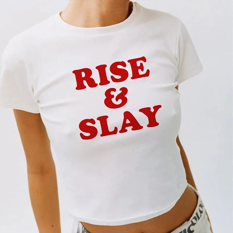 

2000s Grunge T Shirts Y2k Women Cropped Tops Rise and Slay Christian Faithful Graphic Tee Kawaii Baby Tee Church Clothing Female