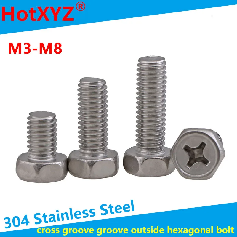 M3 M8 304 Stainless Steel Cross Groove Groove Outside Hexagonal Bolt