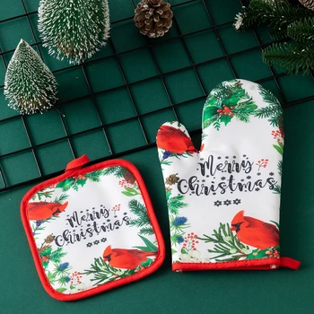 2pcs/set Christmas Oven Mitts and Pot Holders Set Baking Anti-Hot Gloves Kitchen Cooking BBQ Gloves New Year Xmas Party Supplies 1