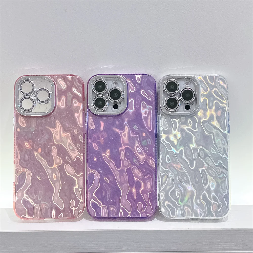 Custodia per telefono con glitter plissettato e increspature dell'acqua abbaglianti per iPhone 16 15 14 13 Pro Max, protezione per obiettivo lucido, antiurto, con retro glitterato_voghion.com