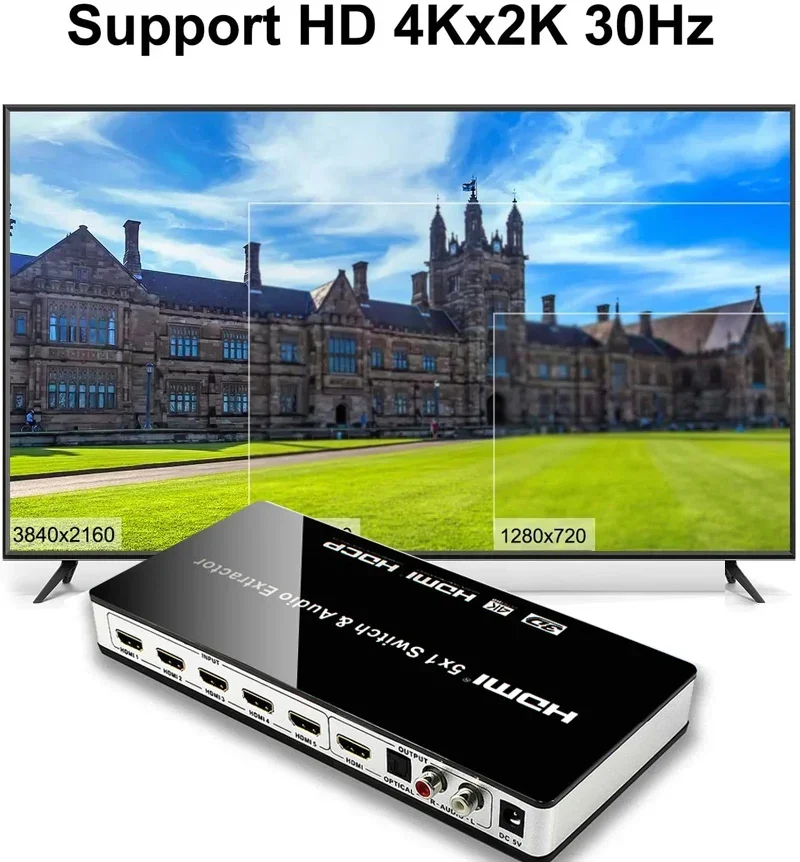 4K 3D Arc 5X1 Hdmi Switch Audio Extractor 5 In 1 Out 1080P Hdmi Switcher Screen Mirror Per Ps4 Ps5 Xbox Laptop Pc Per Monitorare La Tv