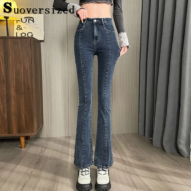 Womens Skinny Flare Jeans Casual Cintura Alta Straight Denim