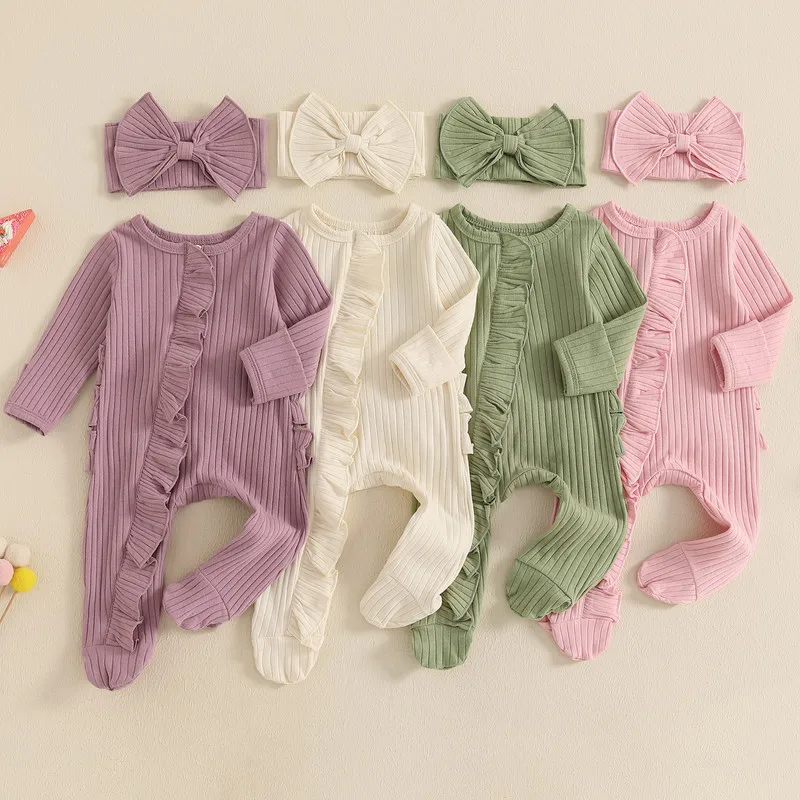 Baby Girl Romper 0 to 3 Months Spring Autumn Solid Color Ribbed Ruffle Long Sleeve Zipper Footed Jumpsuit Bow