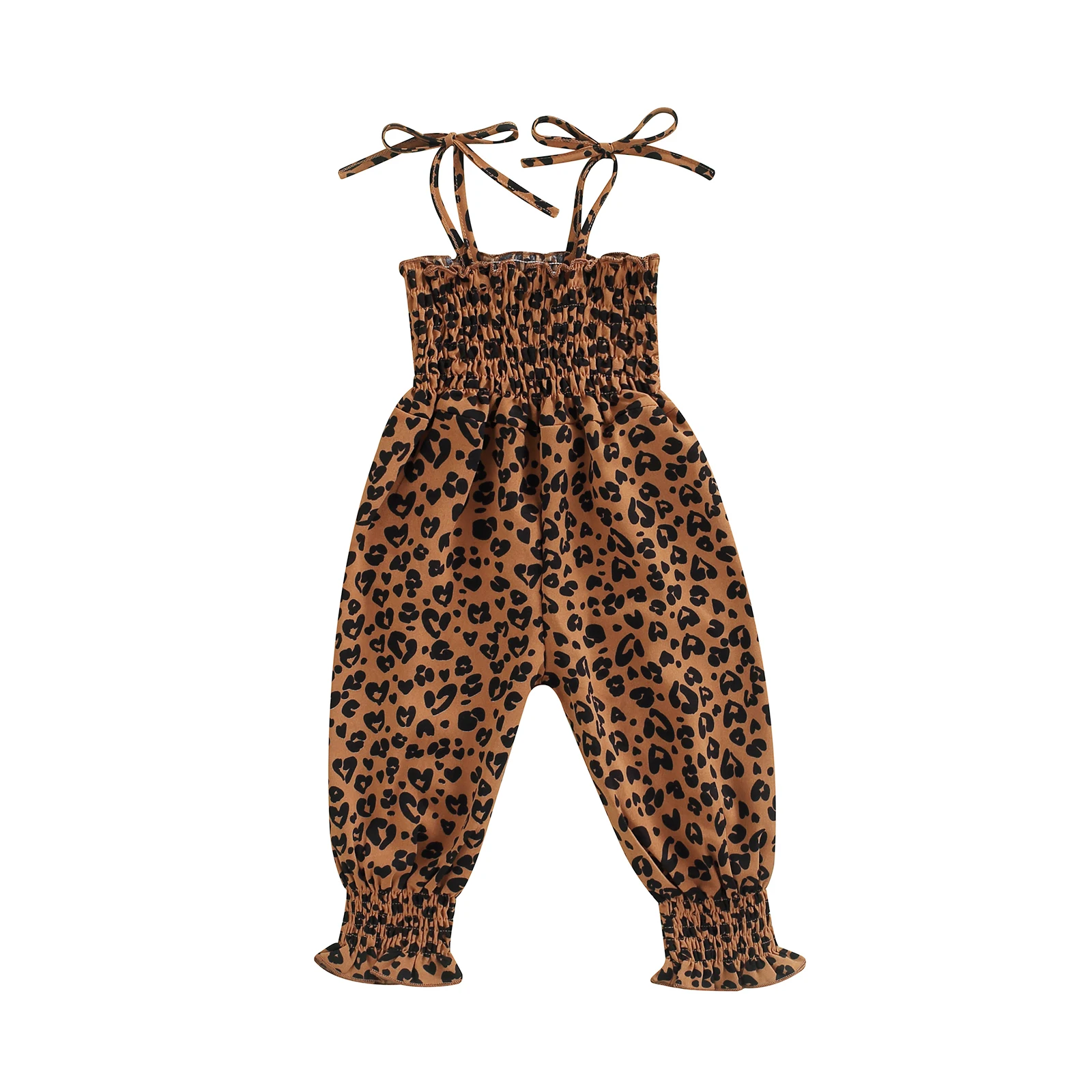 2022 0-4Y Summer Toddler Girl Sling Jumpsuit Heart/Leopard Printed Pleated Tie-Up Simple Style Overalls Casual Sweet Romper bright baby bodysuits	 Baby Rompers