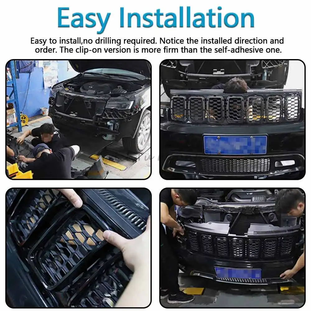 7PCS 블랙 프론트 그릴 그릴 삽입 링 트림 Jeep Grand Cherokee 2017 2018 2019 2020 2021 ABS 플라스틱