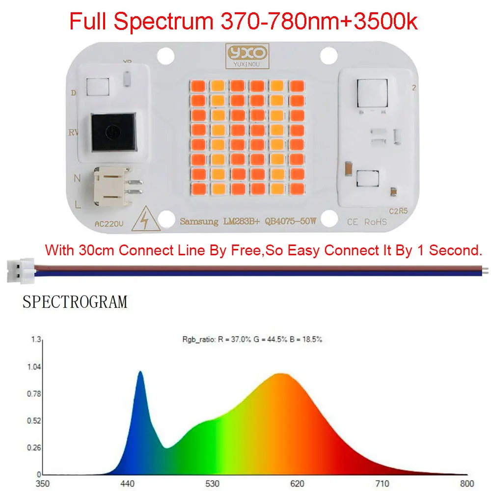 YXO Hydroponice AC 220V 20w 30w 50w Dob Cob LED Grow Light Chip Full Spectrum 380nm-780nm For Indoor Plant Seedling Grow Flower