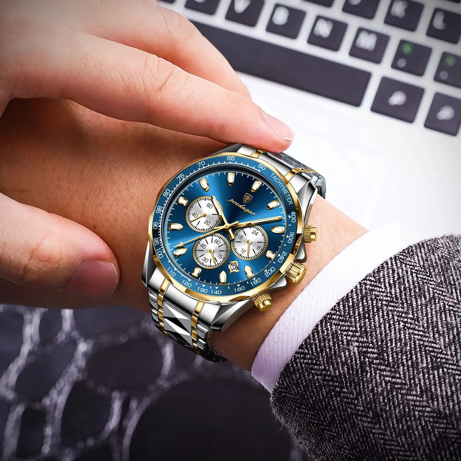 Orologio POEDAGAR 813 da uomo, cronografo Waterproof in acciaio inox
