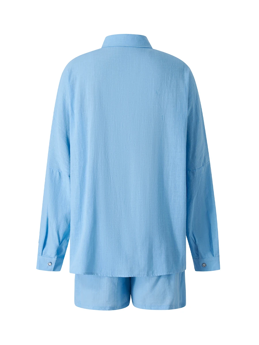 Women Summer Sportswear Set Solid Color Loose Long Sleeve Button-up Shirts Tops and Casual High Waist Shorts Outfits