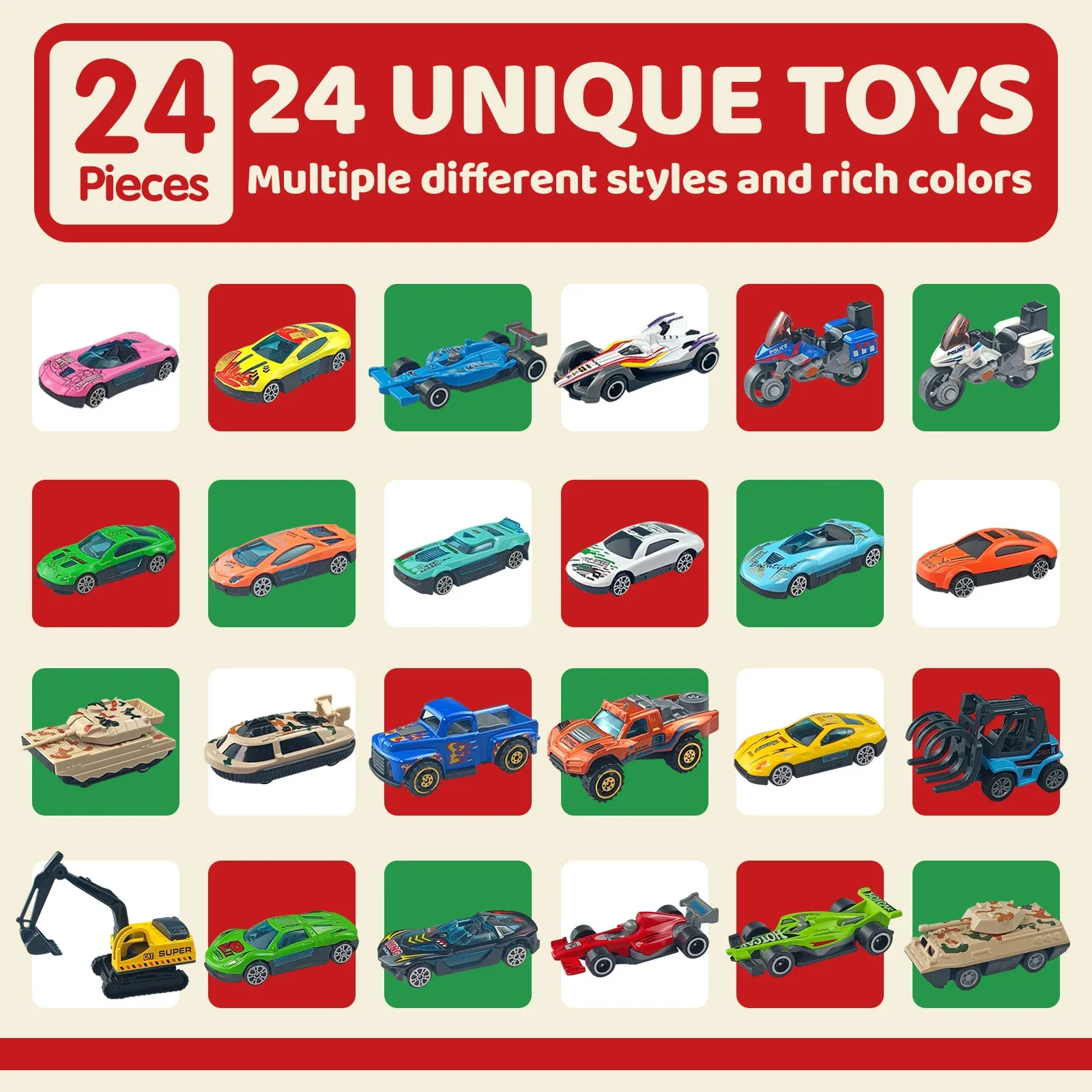 Christmas Advent Calendar Mini Diecast Car Set Collection Box 24 Days Countdown Calendar Inertia Sliding Model Gift Box for Kids