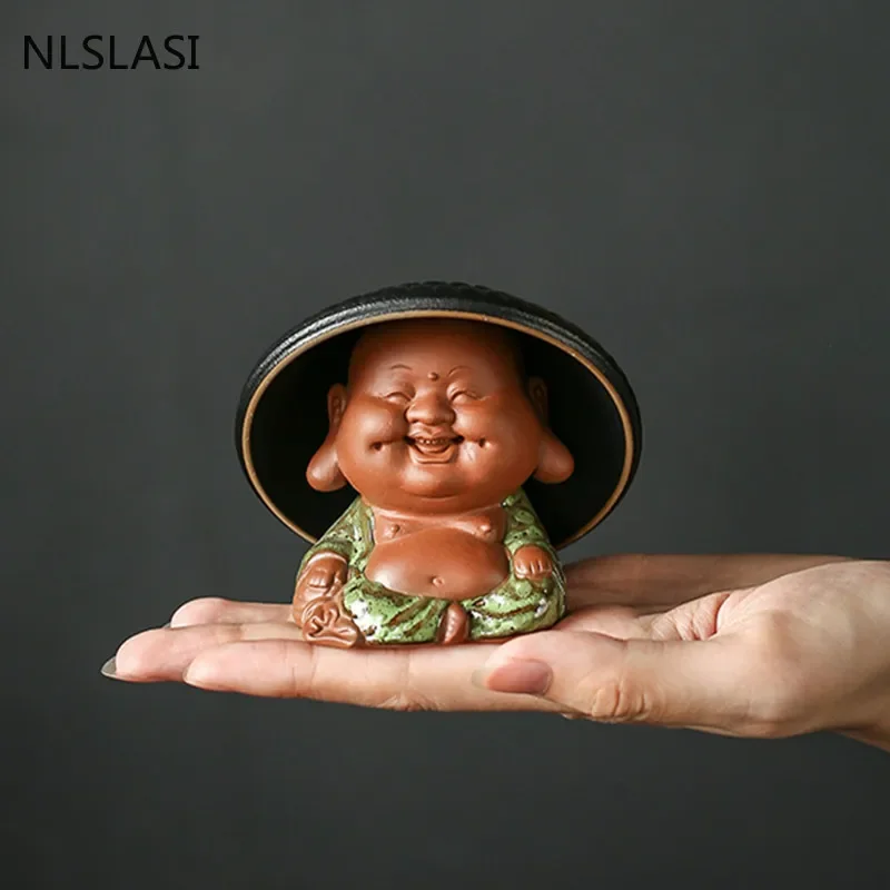 Tea Pet Ornaments Creativity Purple Clay Tea Pet with Tea Strainer Monk Buddha Figurine Ornaments Handmade Crafts Set Decoration Accessories