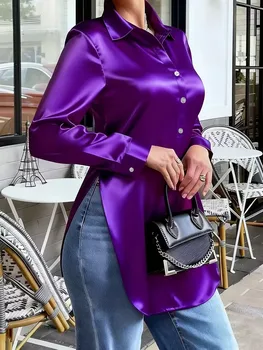  Satin Shirt for Women - Long Sleeve Button Down Blouse with Elegant Shine Casual & Office Chic Top