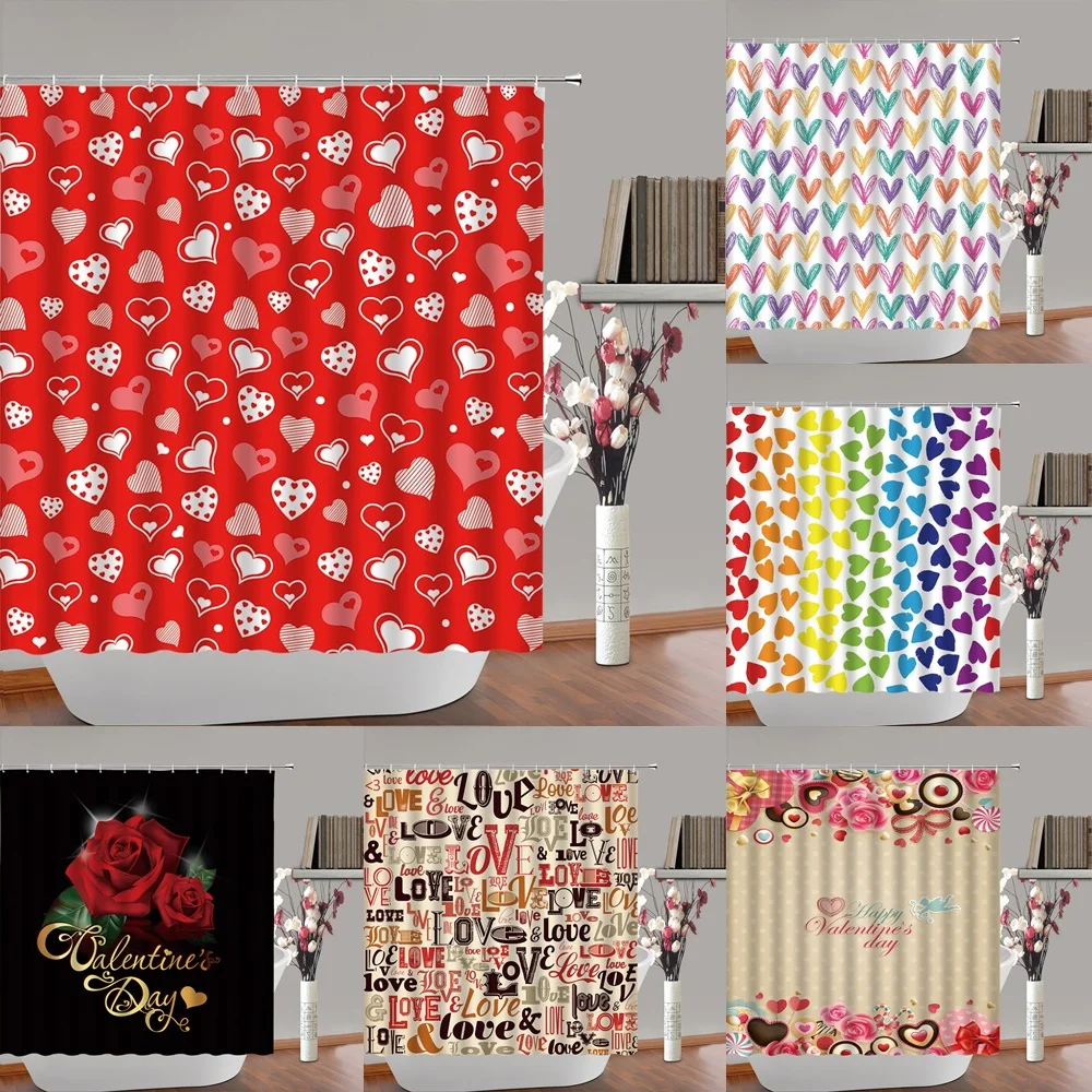 Valentines Day Shower Curtain Modern Red Pink Heart Rose LOVE Home Bathroom Decor Curtains Screen Polyester Fabric Set with Hook