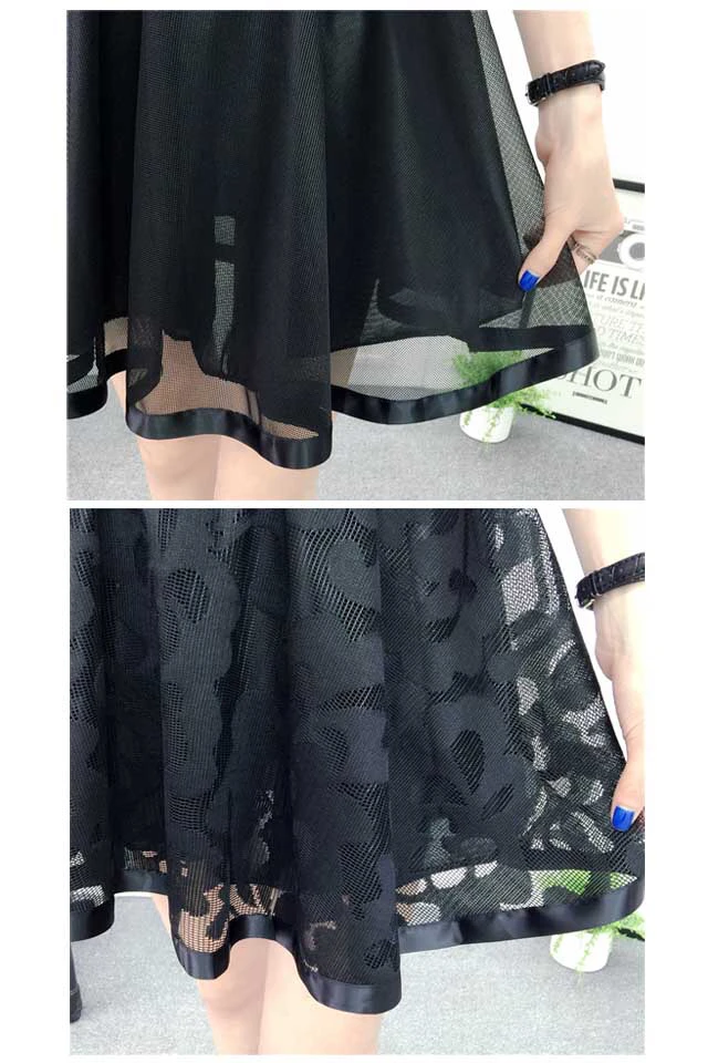 2021 New Spring Summer and Autumn Mesh Short Skirt Elastic Waist Versatile Pengpeng Skirt A-line High Waist Lace Lady Girl Black leather skirt