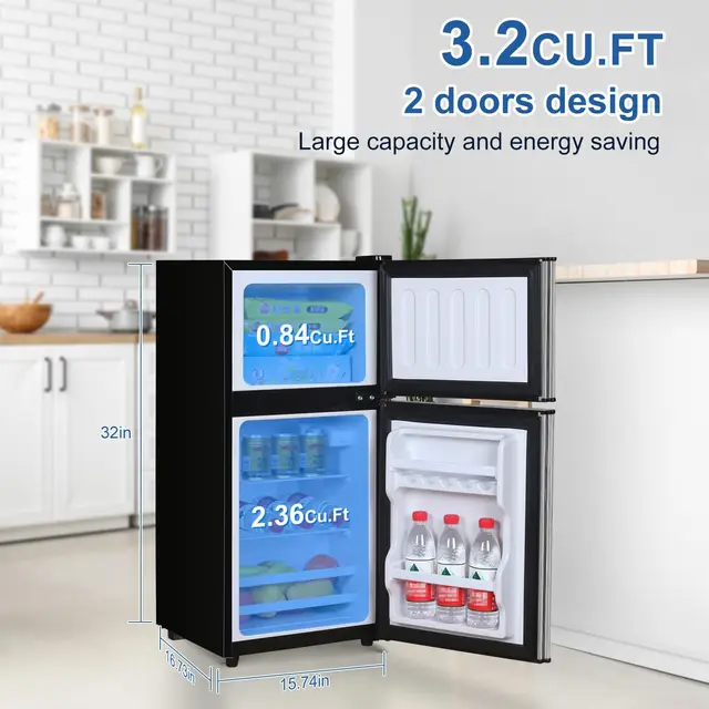Mini Fridge with Freezer, 3.2 cuft Small Refrigerator, Energy Saving, Low Noise, Double Door Compact Refrigerator for Dorm 2