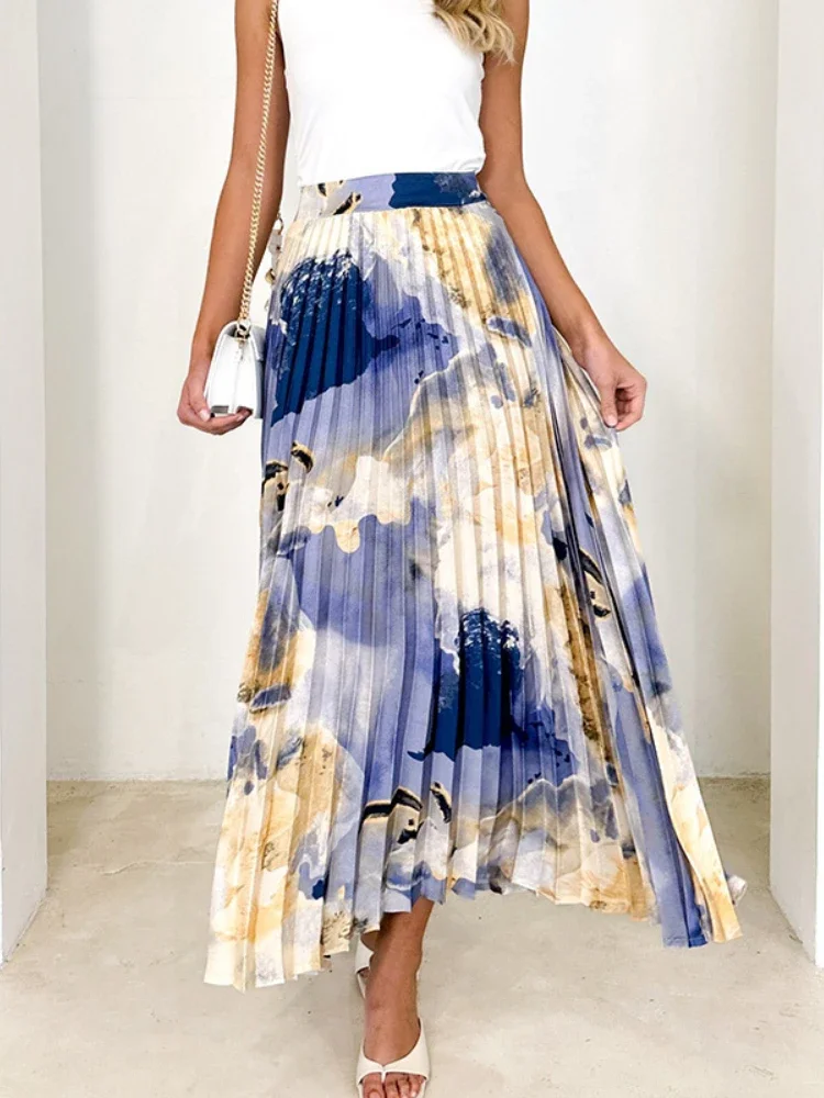 

Elegant Skirts 2024 Spring Summer High Quality Oil Painting Printed Pleated Skirt for Women Draped A- Shape Large Swing Skirt