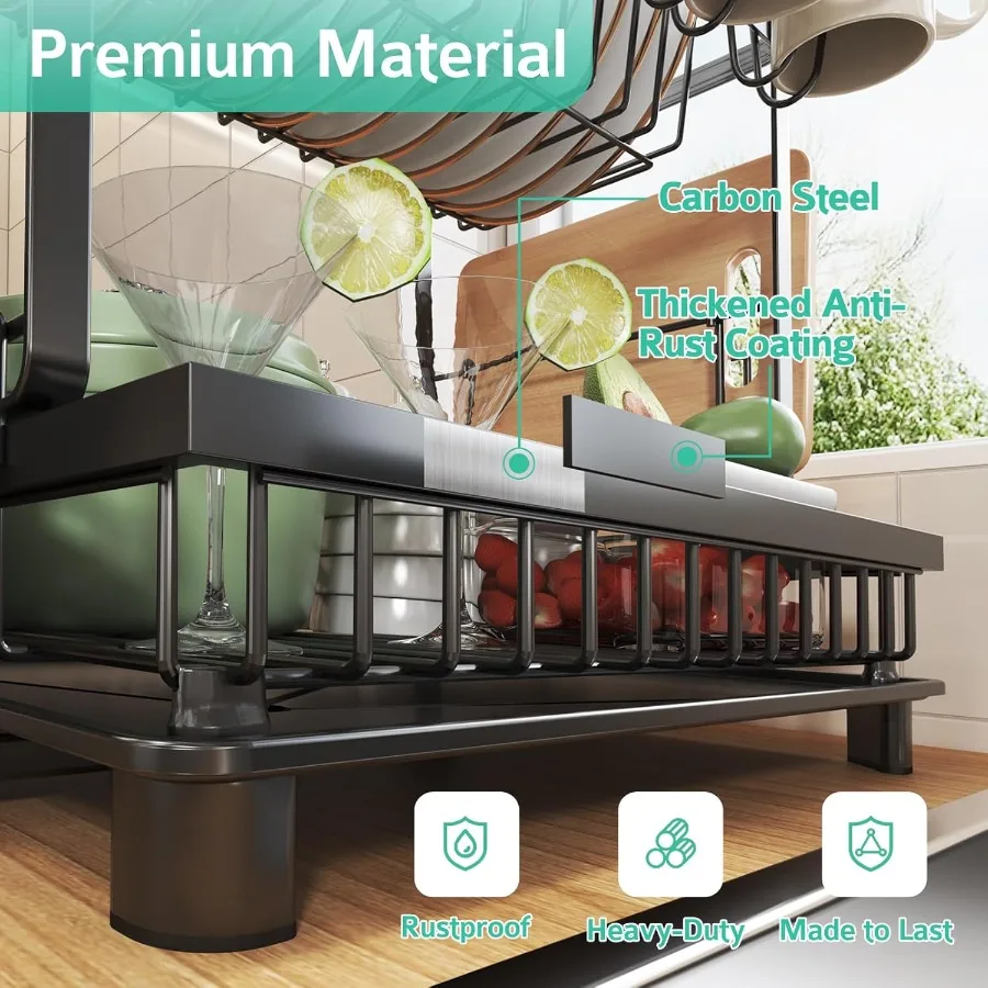 Multifunctional Dish Drying Rack Rustproof 2Tier Dish Racks with Drainboard SpaceSaving Design Utensil Cup Holder for Kitchen C