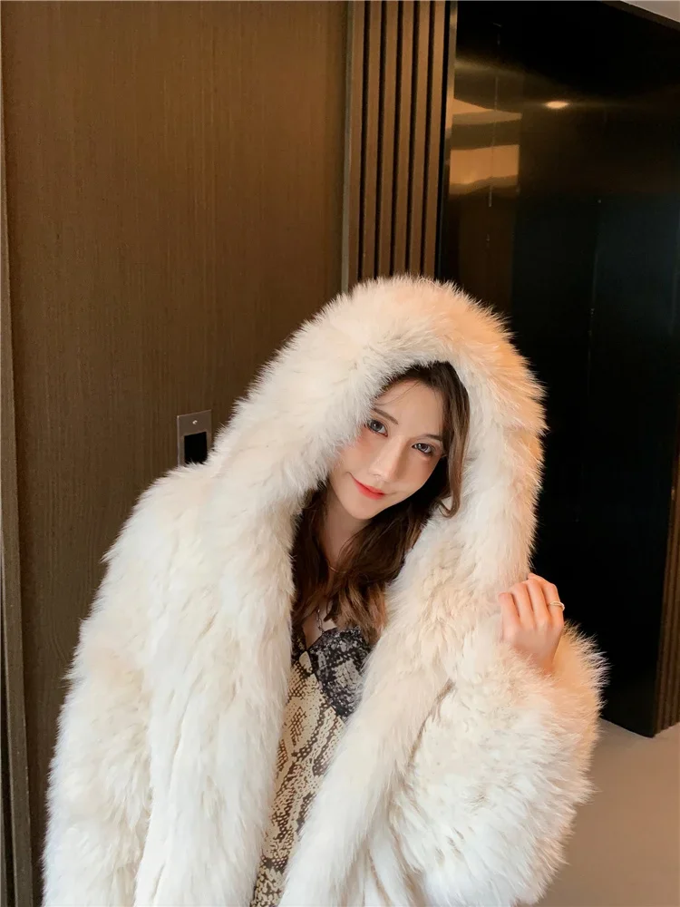 Double-sided Woven Fox Fur Coat Women's Clothing Fashion Hooded Long Young Knitted Thick Warm Fur Casual Jackets Autumn/Winter
