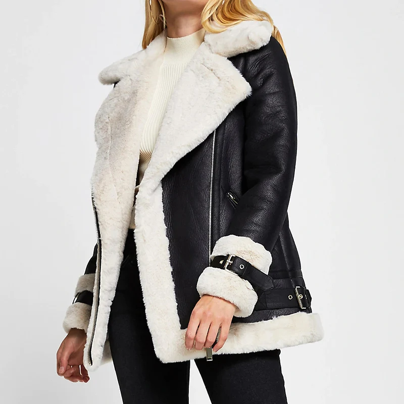 

Women Winter Thick Coat Pu Faux Soft Leather Black White Sheepskin Fur Jacket Female Aviator Casual Feminino Outwear