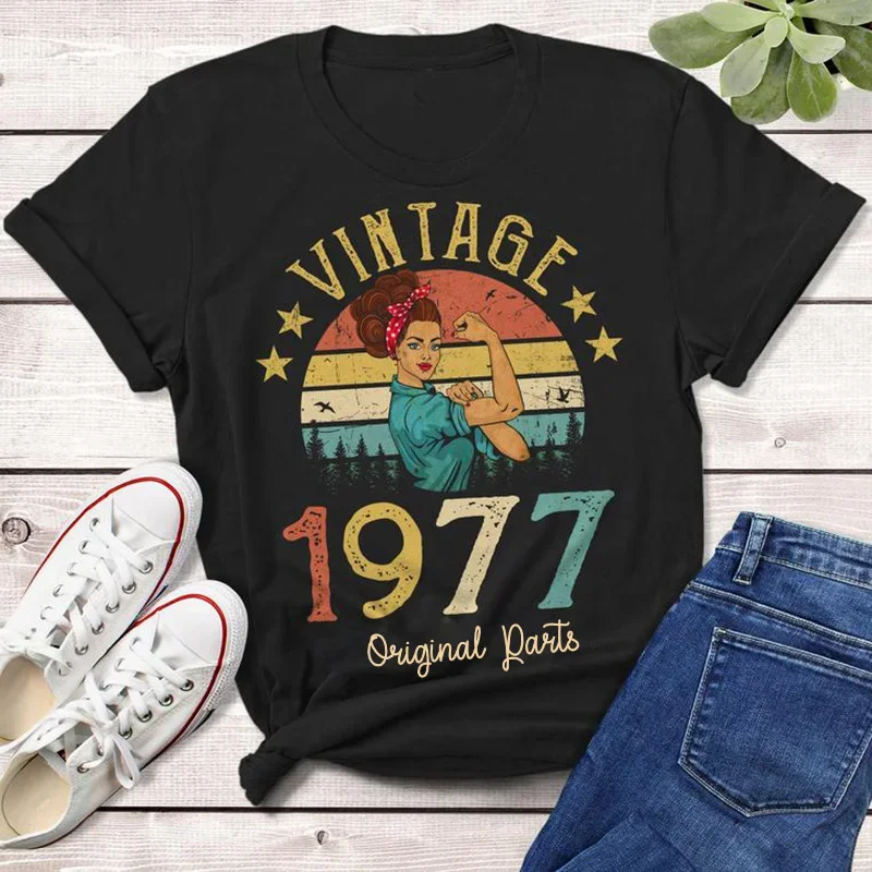 

Vintage 1977 Original Parts T-Shirt Rosie Women 47 Old 47th Birthday Gift Idea Girl Mom Wife Daughter Retro Tee Shirt Top