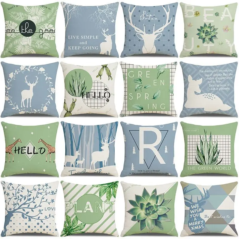 

Ins Style Nordic Minimalist Geometric Abstract Pillowcase Small Fresh Green Plant Moose Linen Print Square Cushion Cover 45x45