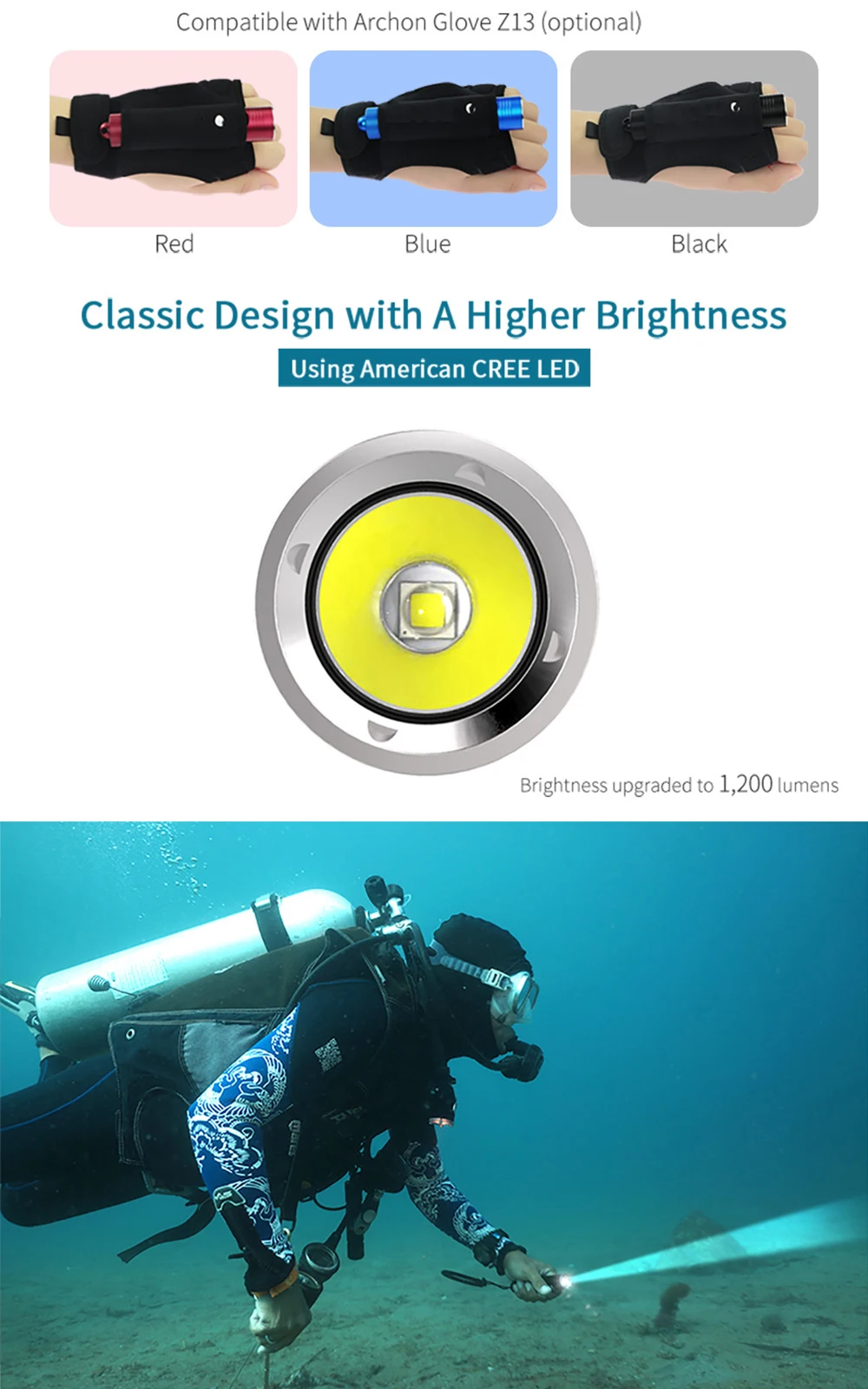 Description Picture 3 of itemV10S II 1200lm Scuba diving lights Diving lighting flashlight Underwater 100m night dive lighting freediving torch Super bright