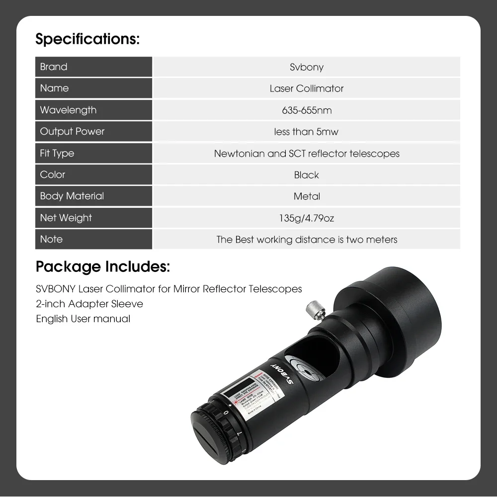 Teleskop kollimatörünün boyutları ve bileşenlerini gösteren teknik çizim