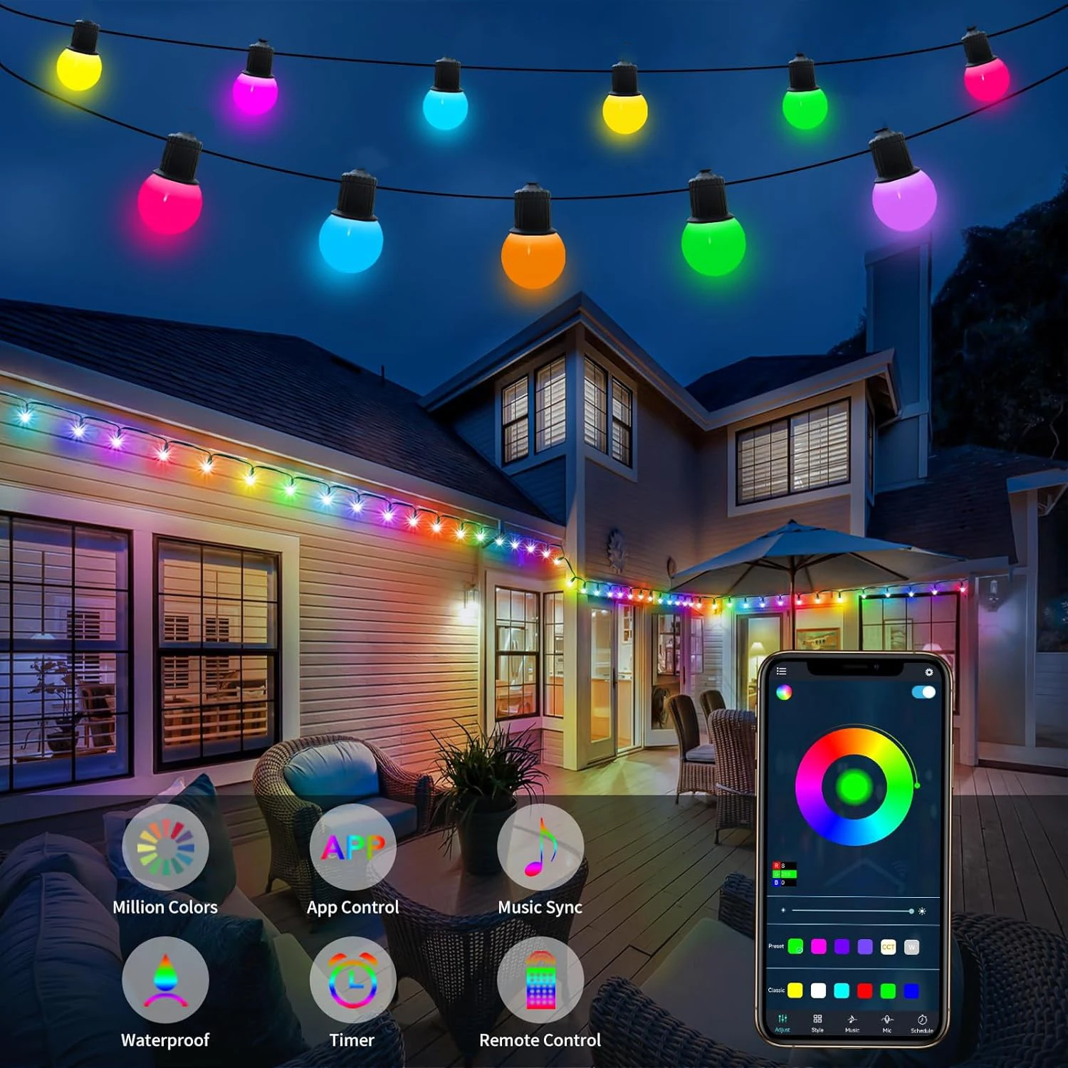 10M G40 LED 전구 문자열 빛 블루투스 APP 원격 야외 USB RGB 색상 파티 웨딩 정원 뒷마당에 대 한 문자열 변경