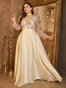 UNITHORSE Plus Size V-Neck Gradient Sequin Satin Maxi Dress
