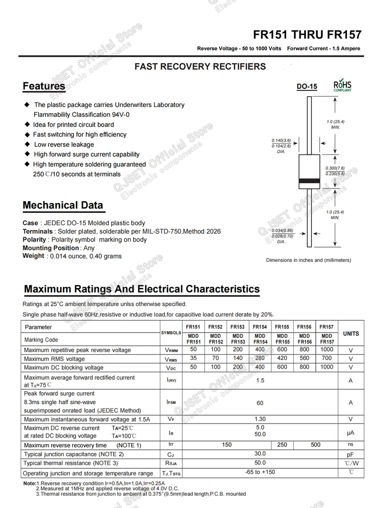 20 Stück Dioden FR104 FR107 FR157 FR207 FR302 FR307 FR607 FR608 1A 1,5A 2A 3A 6A 100V 400V 1000V DIP Fast Recovery Gleichrichterdioden – Detail 4