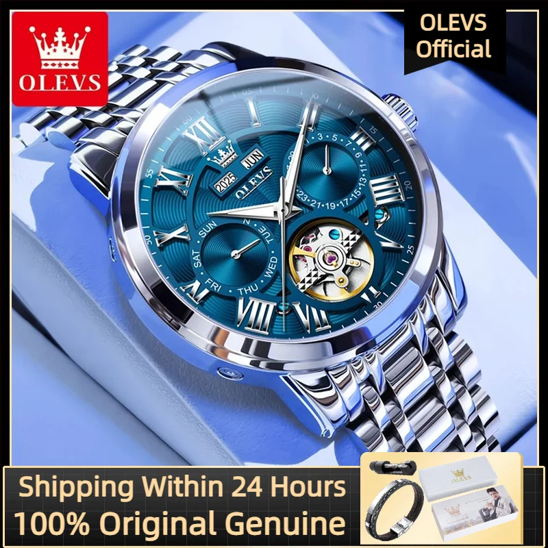 Mechanical Watch OLEVS 6668 Original Men&rsquo;s Multifunctional Skeleton Waterproof Stainless Steel Strap Business Automatic Mechanical Watch