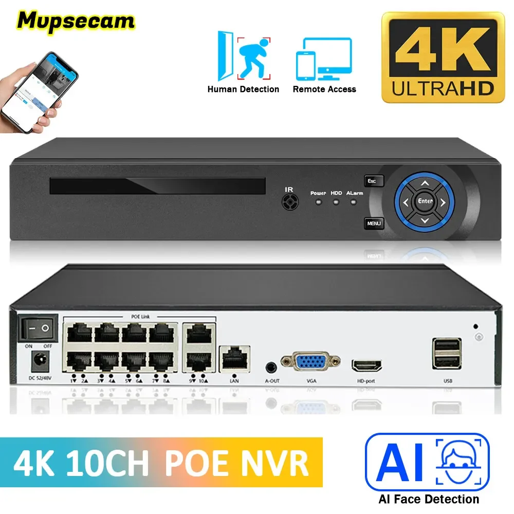 10CH 8MP POE NVR Videoregistratore Audio Telecamera IP H.265 Sistema CCTV Smart Network Face Detect P2P Videocamera di sorveglianza RTSP