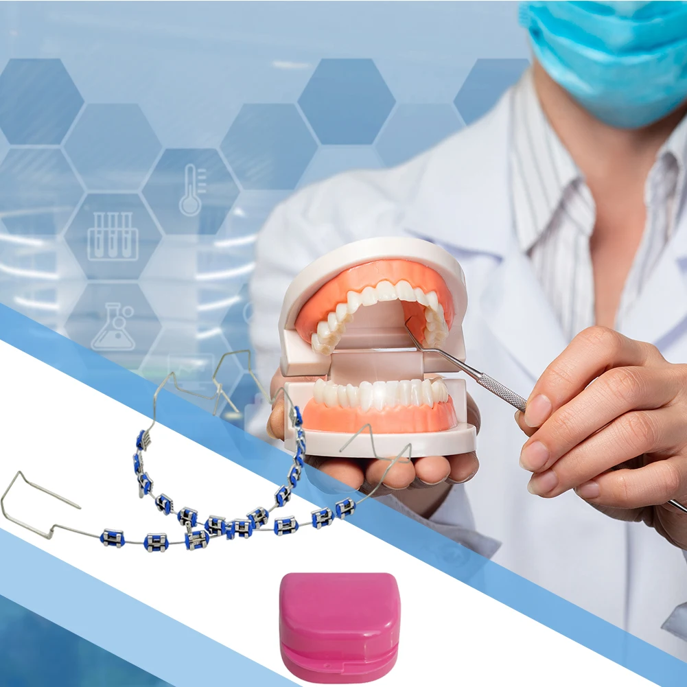 2Pcs Dental Fake Braces with Storage Box Temporary Tooth Decoration Metal Wires Bracket Colored Dental Decor Braces Dental Tool