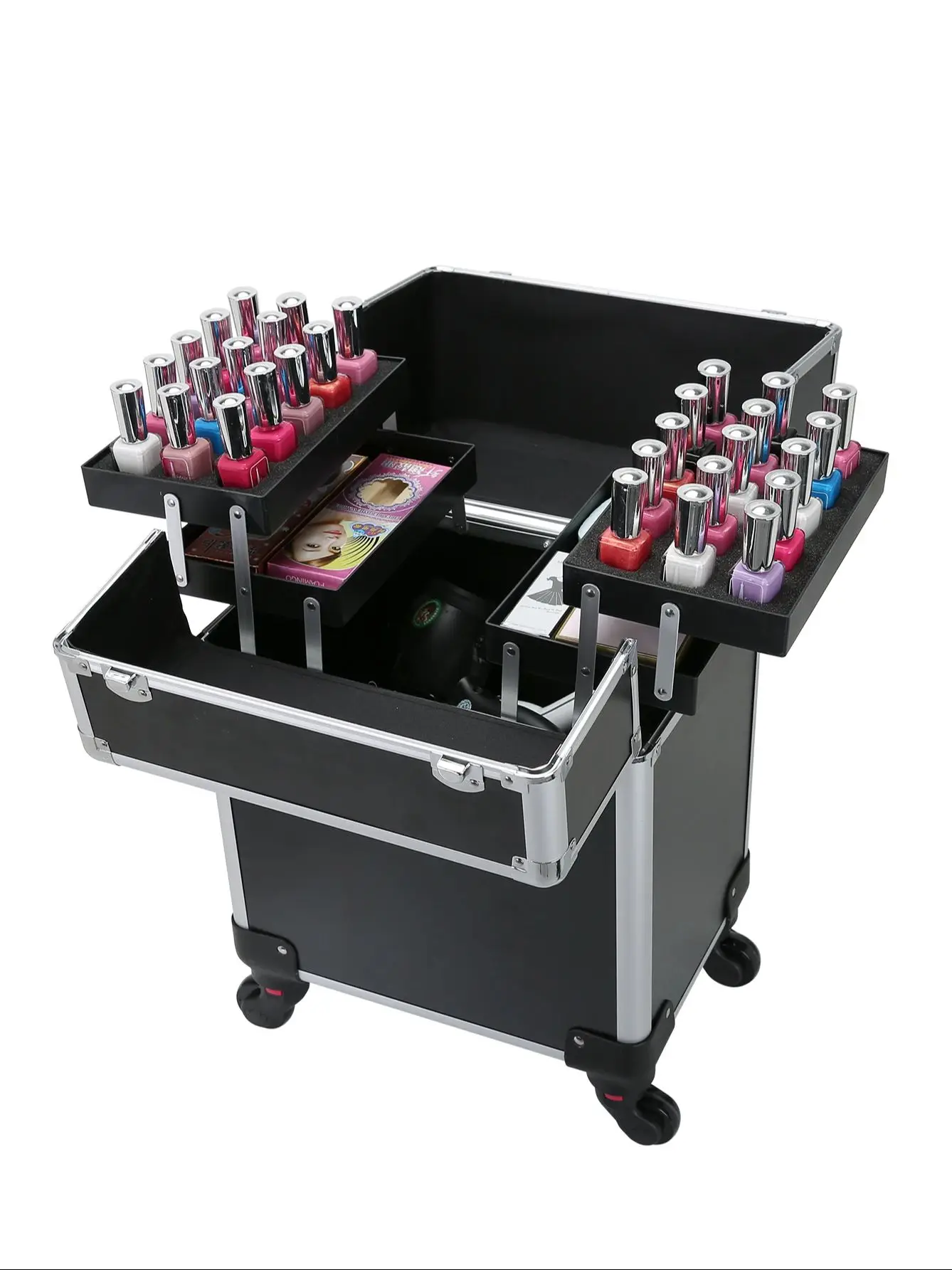Make-up-Zugetui, professioneller rollender Make-up-Trolley mit verstellbaren Trennwänden, Nagellack-Organizer, Schmuck-Reise-Zugetui – Detail 5