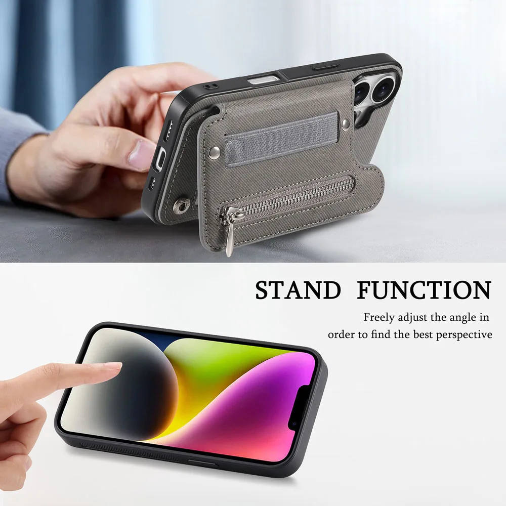 Zipper Cards Slot Leather Wallet Case with Elastic Wrist Strap