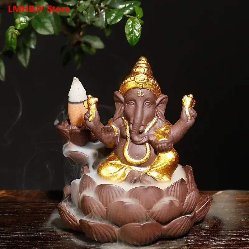 

LMHBJY New Purple Sand Indian Elephant God Lotus Sandalwood Smoke Reflow Incense Burner Home Southeast Asian Crafts Ornaments