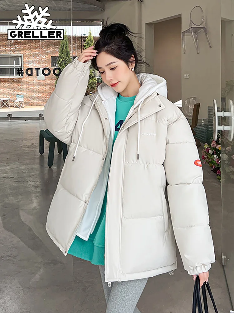 

GRELLER Cotton Padded Jacket Women Winter Spliced Hooded Jacket Women Loose Warm Short Parkas Coat Down Jacket Female Clothes