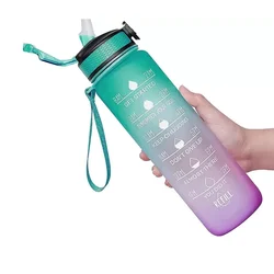 1L Leak-Proof Frosted Sports Water Bottle with Time Marker - BPA Free (Green Purple)