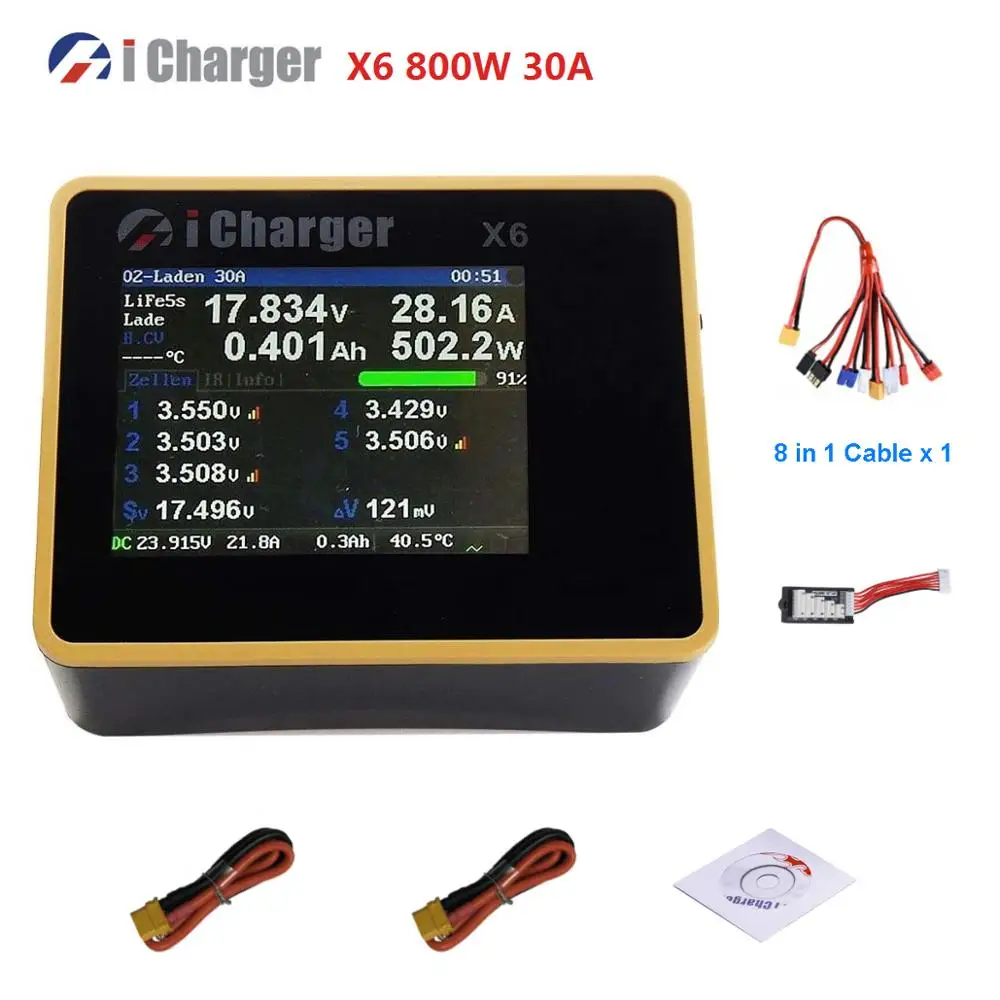 

iCharger X6 800W 30A Smart Battery Balance Charger Discharger For 6s Lipo Lilo LiFe LiHv LTO NiZn Pb Battery