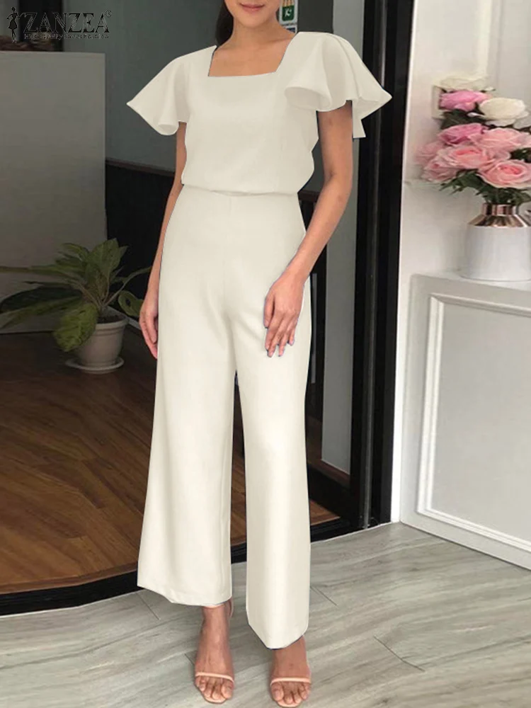 

ZANZEA Casual Women Pant Sets Side Zipper High Waist Pant Ruffle Sleeve Blouse Fashion Elegant Tracksuit Solid Color 2pcs Outfit