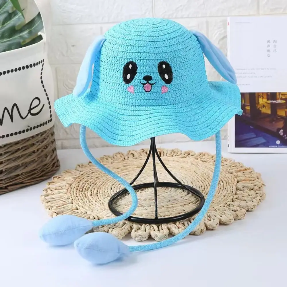 Sunscreen Rabbit Ear Sunshade Straw Hat UPF50+ Solid Color Bunny Sunshade Hat Bucket Hat Ear Moving Children Straw Hat Party