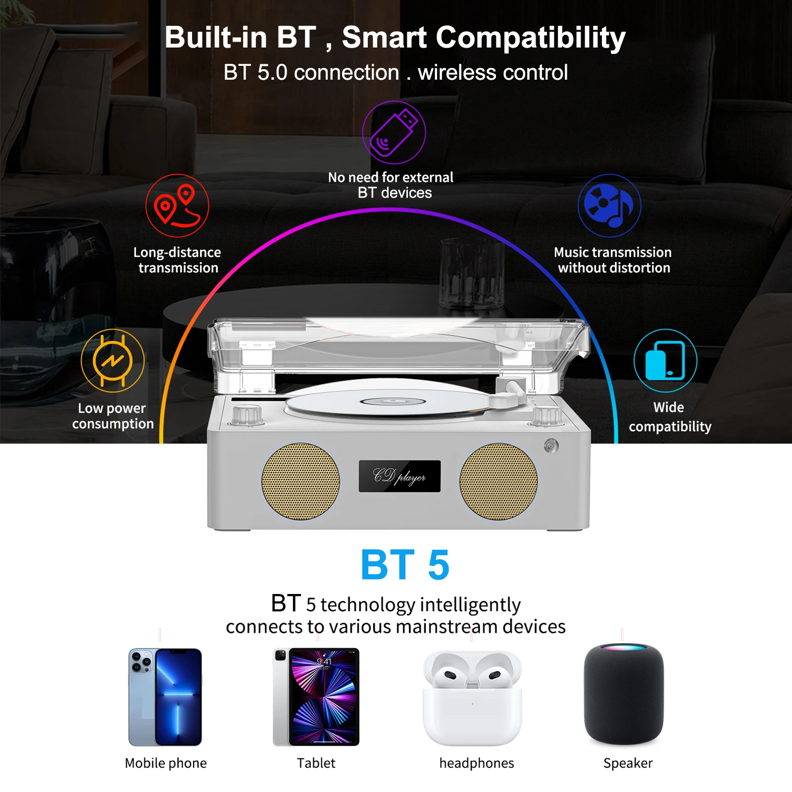 Multi-functional Retro CD Player Wireless Bluetooth Speaker FM Radio Music Player with Remote Control Colorful Atmosphere Light, portable cd player