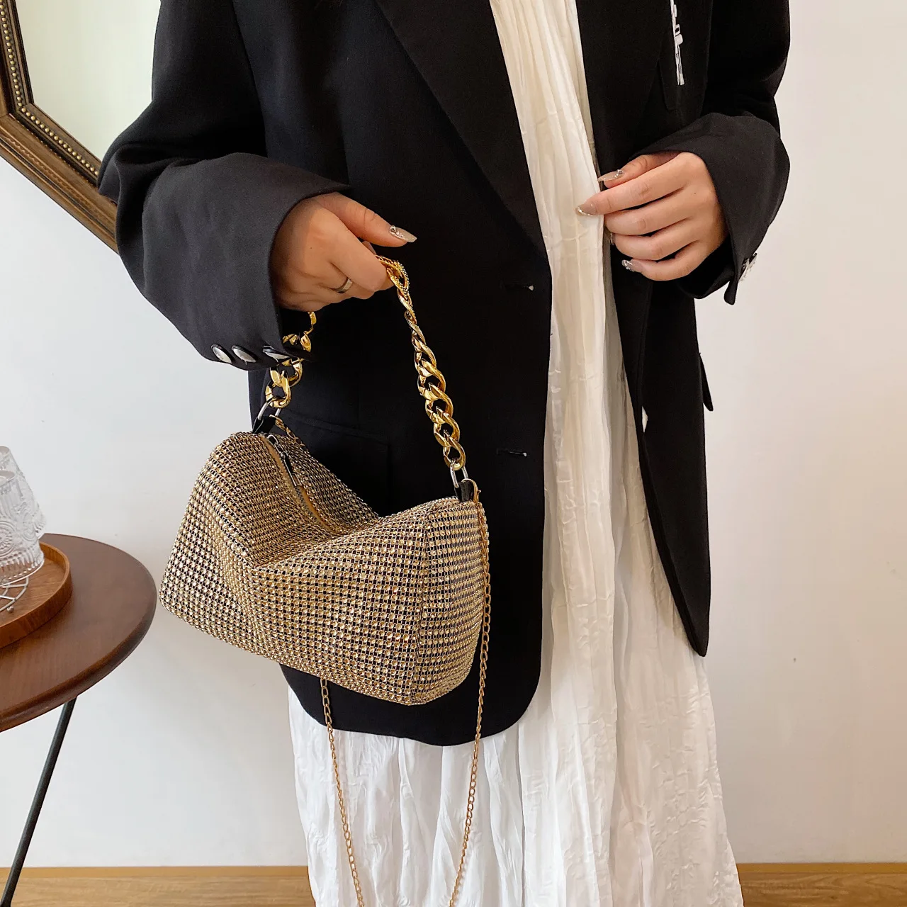 Modische Damen-Einkaufstasche, schicke Bankett-Tasche, stilvolle Umhängetasche mit hellem Diamant, modische Handtasche mit glänzenden Diamanten, Umhängetasche – Detail 32
