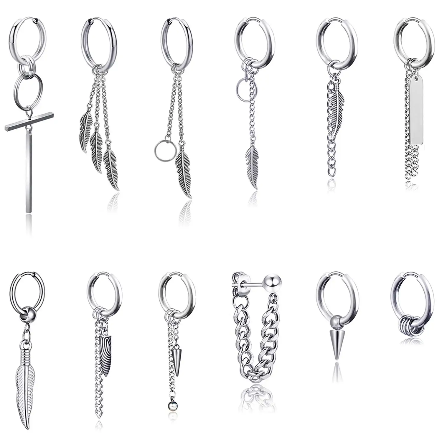 

12 PCS Hoop Earrings Men Stainless Steel Huggie Dangle Feather Kpop Earrings with Hinged Long Chain Pendant for Unisex Women