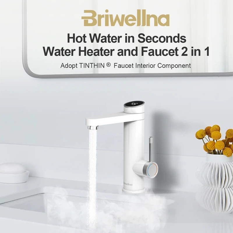 Briwellna Electric Water Heater 220V Basin Faucet Heated Water Tap 120°  Swivel Spout Intelligent Water Heater Mixer Geyser