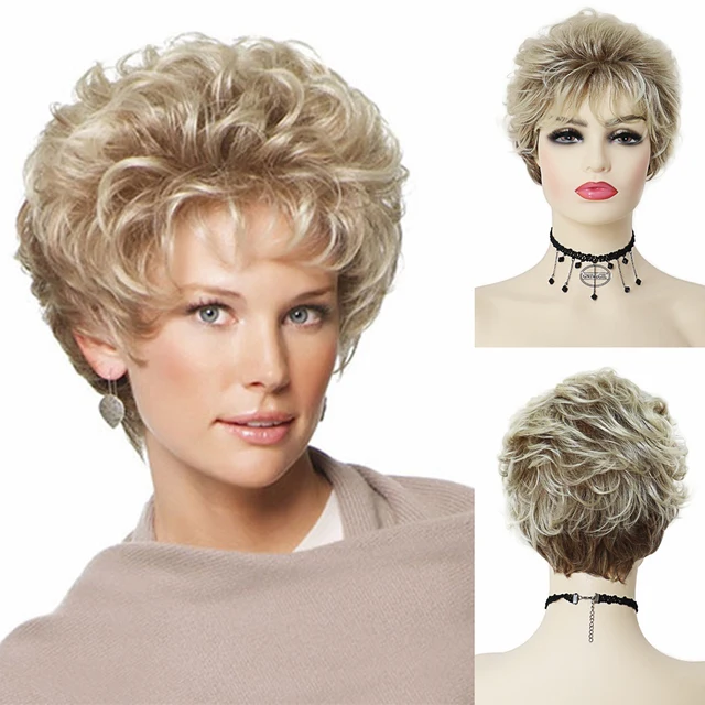 GNIMEGIL Synthetic Wig for Woman Short Brown Curly Wig with Bangs Fluffy Layered Hairstyle Female Natural Wig Lady Mommy Wig 097
