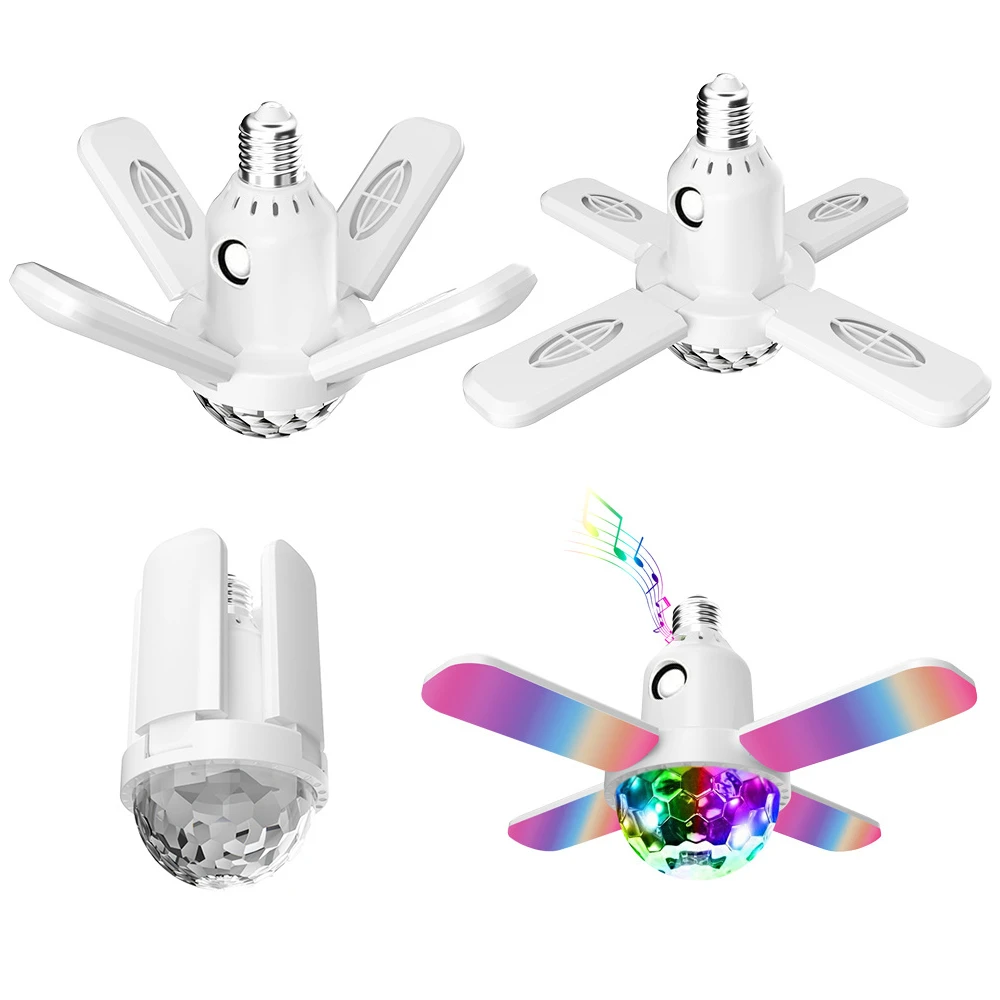 LED E27 Bulb Ceiling NightLight Colorful 4-Leaves Music Bluetooth Audio Folding Disco Floodlight With Remote Control For Bedroom Smart Led Light Bulbs