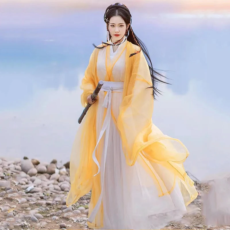

Китайские народные танцевальные костюмы, женское платье ханьфу, желтое сказочное платье, традиционная одежда древней принцессы для косплея Hanfu SL7694